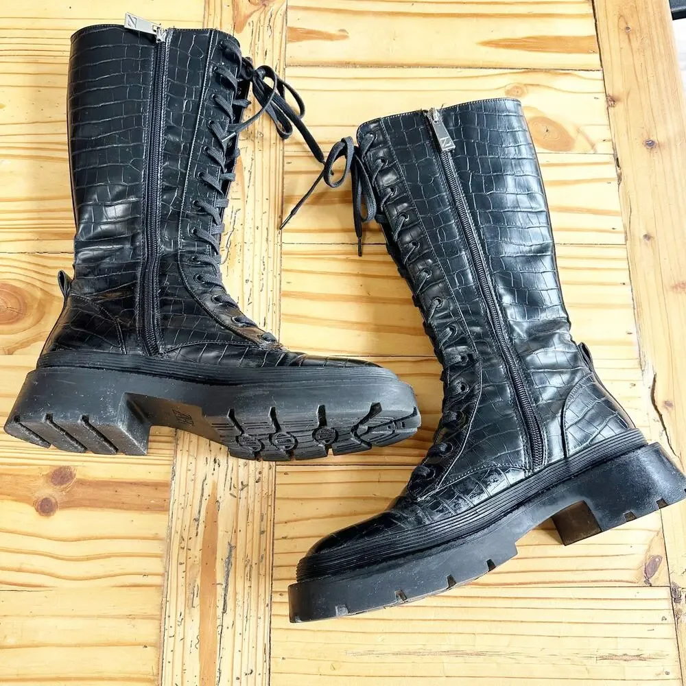 Zara Black Croc Embossed Combat Boots Platform Lug Sole Lace Up EU 39 US 8 - Picture 7 of 12